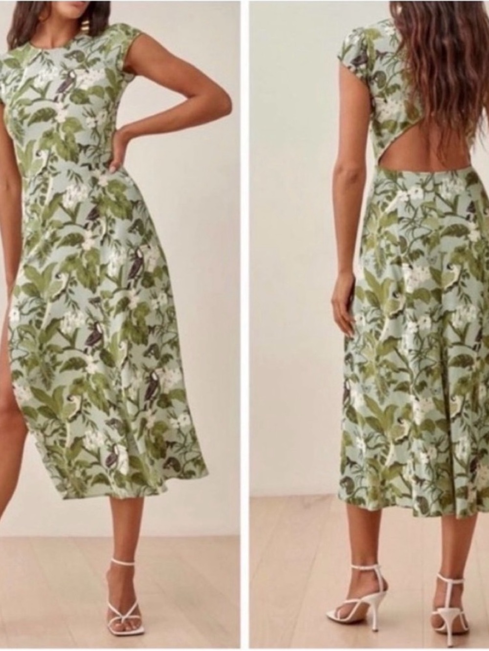Reformation Gavin Midi Dress S Botanical Parrot Green Open Back wedding guest - Picture 6 of 6